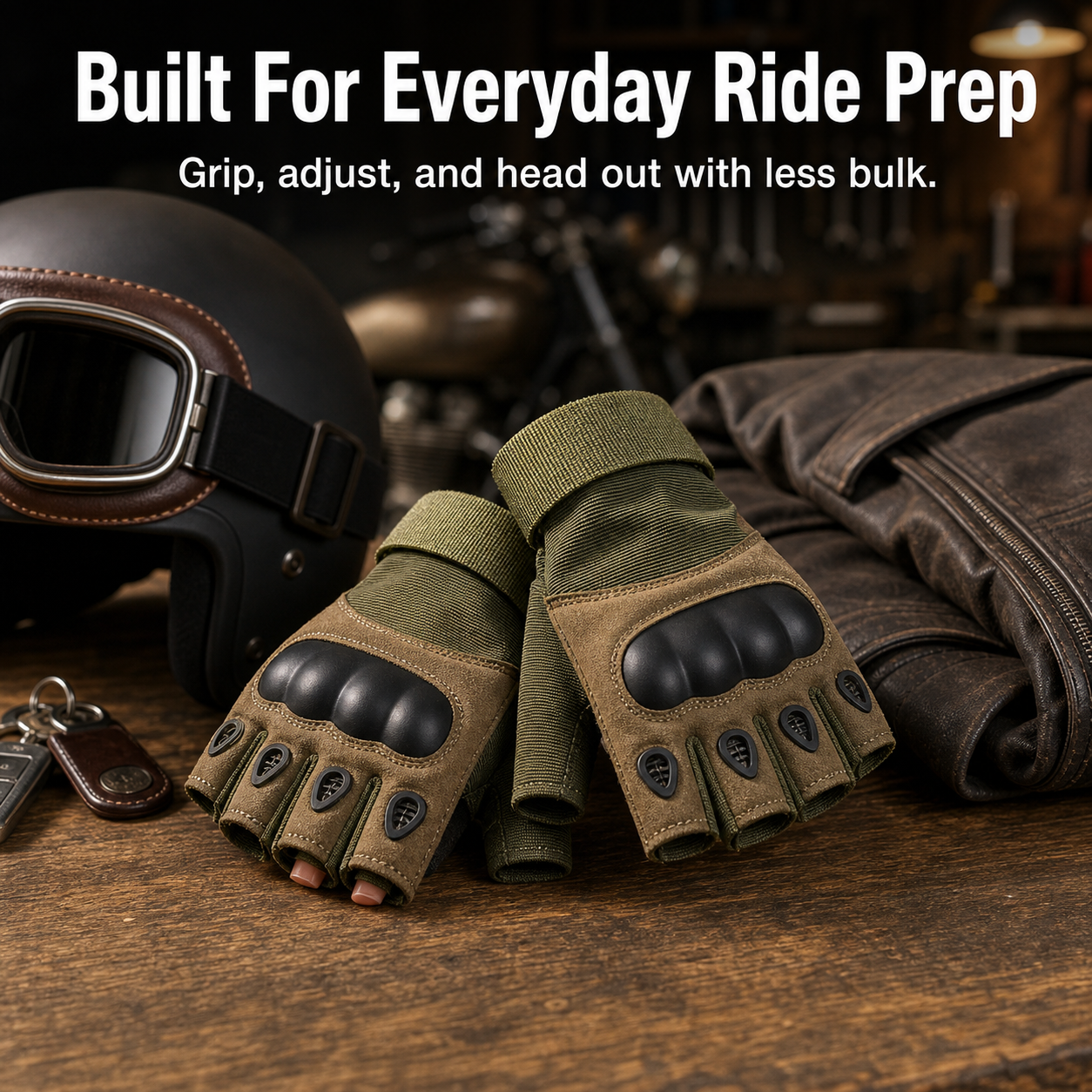 Palm panels and knuckle details of fingerless riding gloves
