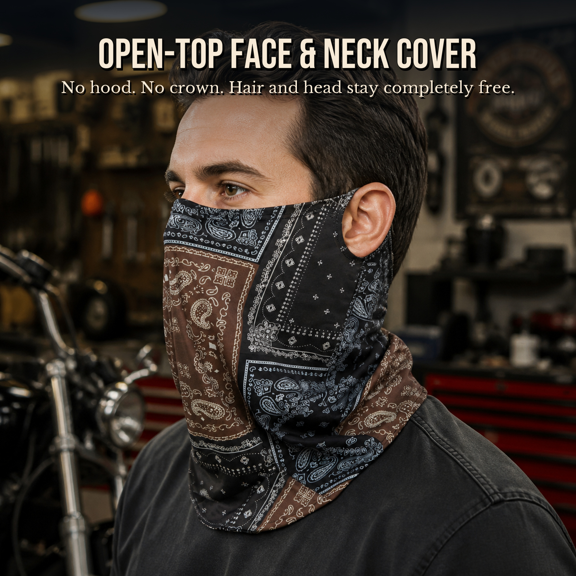 Open-top paisley face and neck cover showing the uncovered forehead, hair, and top of the head
