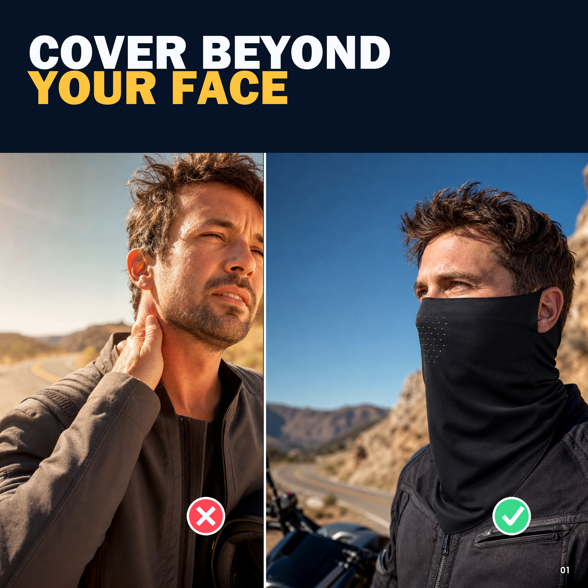 Lightweight motorcycle face cover shown as a warm-weather alternative to bulky cold-weather gear