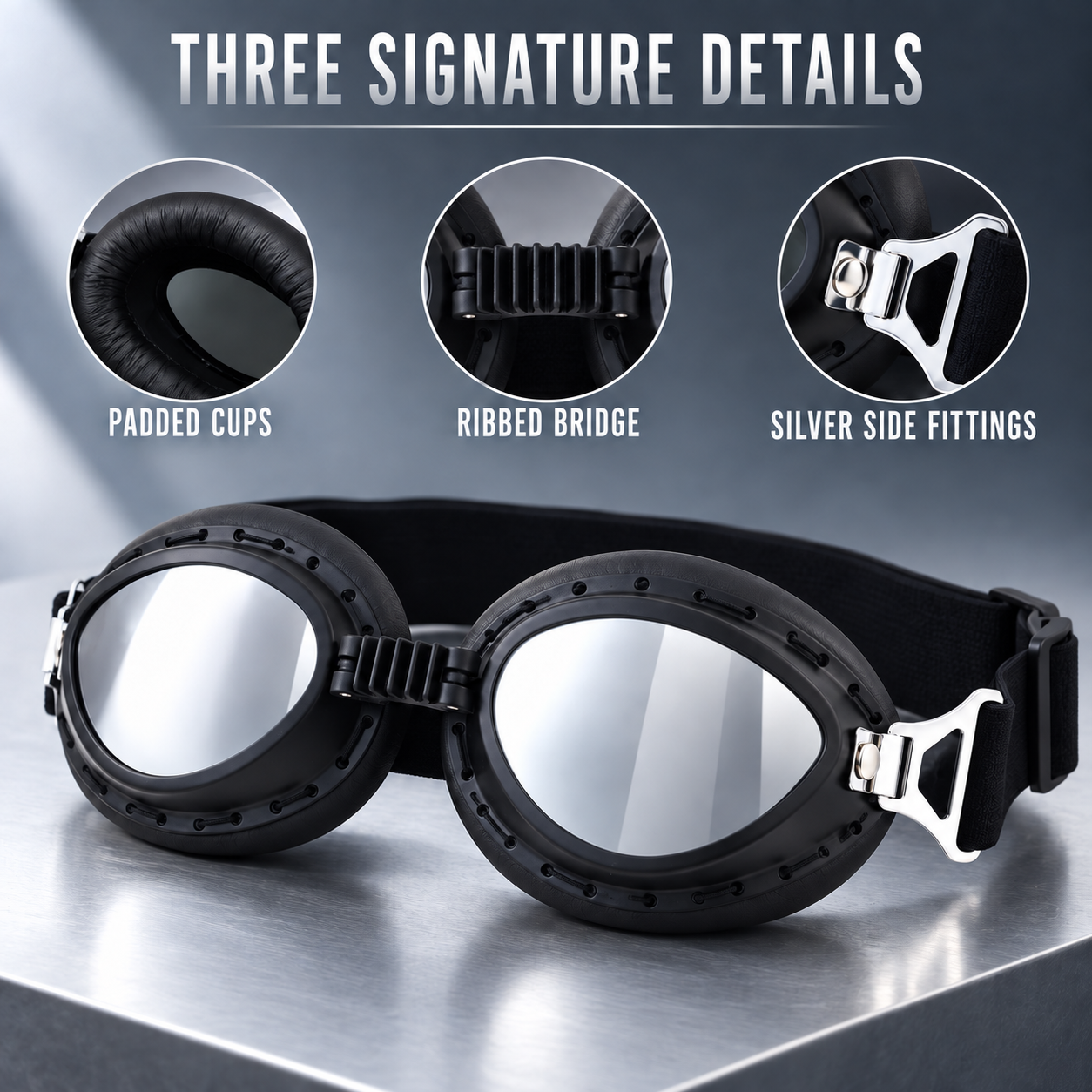 T07 Retro Motorcycle Goggles with Padded Eye Cups & Adjustable Strap