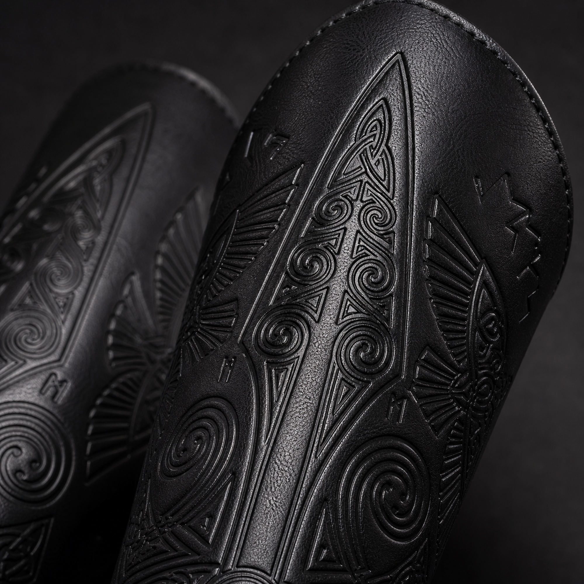 Close-up of embossed Viking-style artwork and stitching