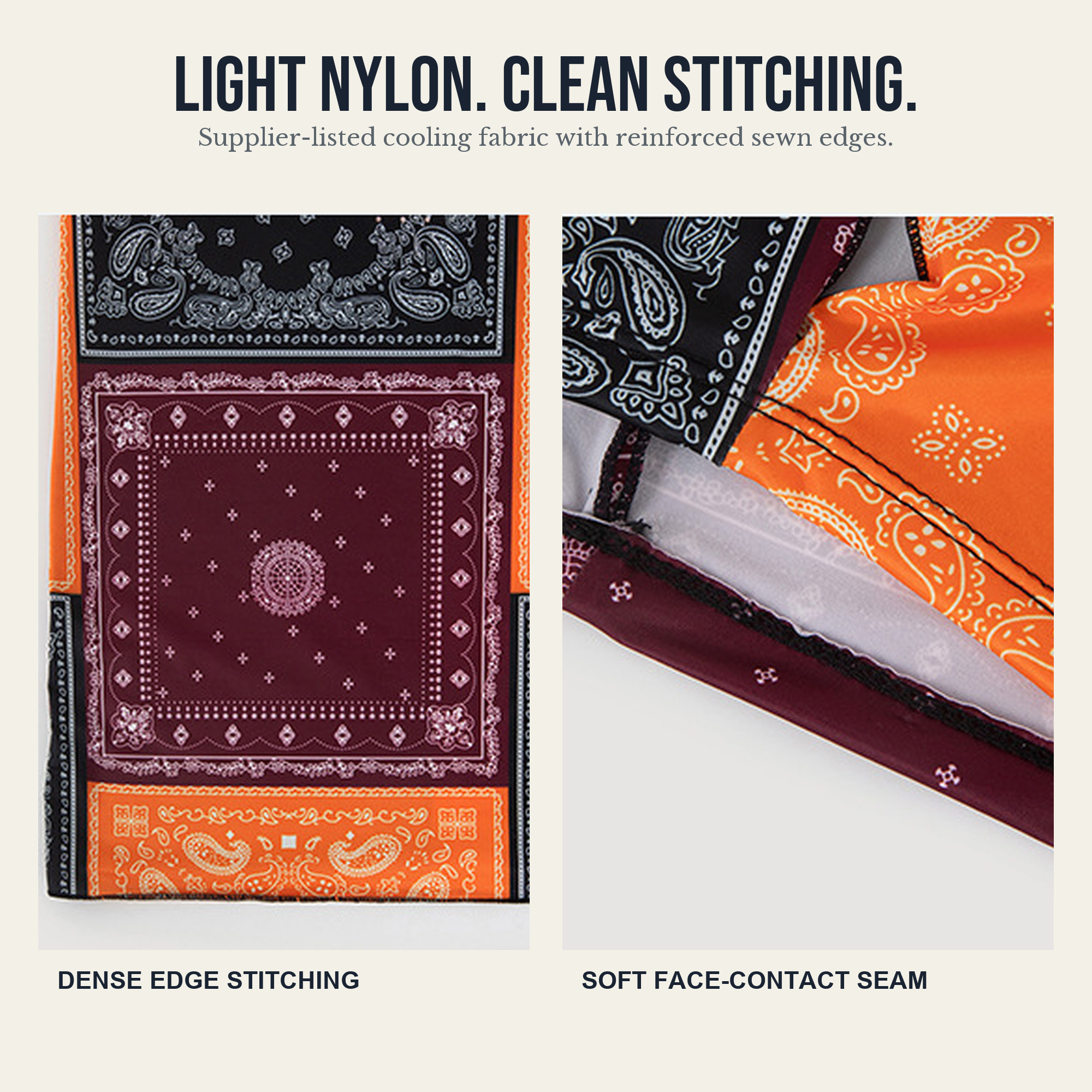 Close-up of the fine nylon fabric, reinforced stitching, and finished edges