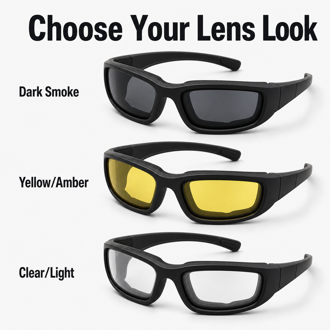 Smoke amber and clear riding lens options