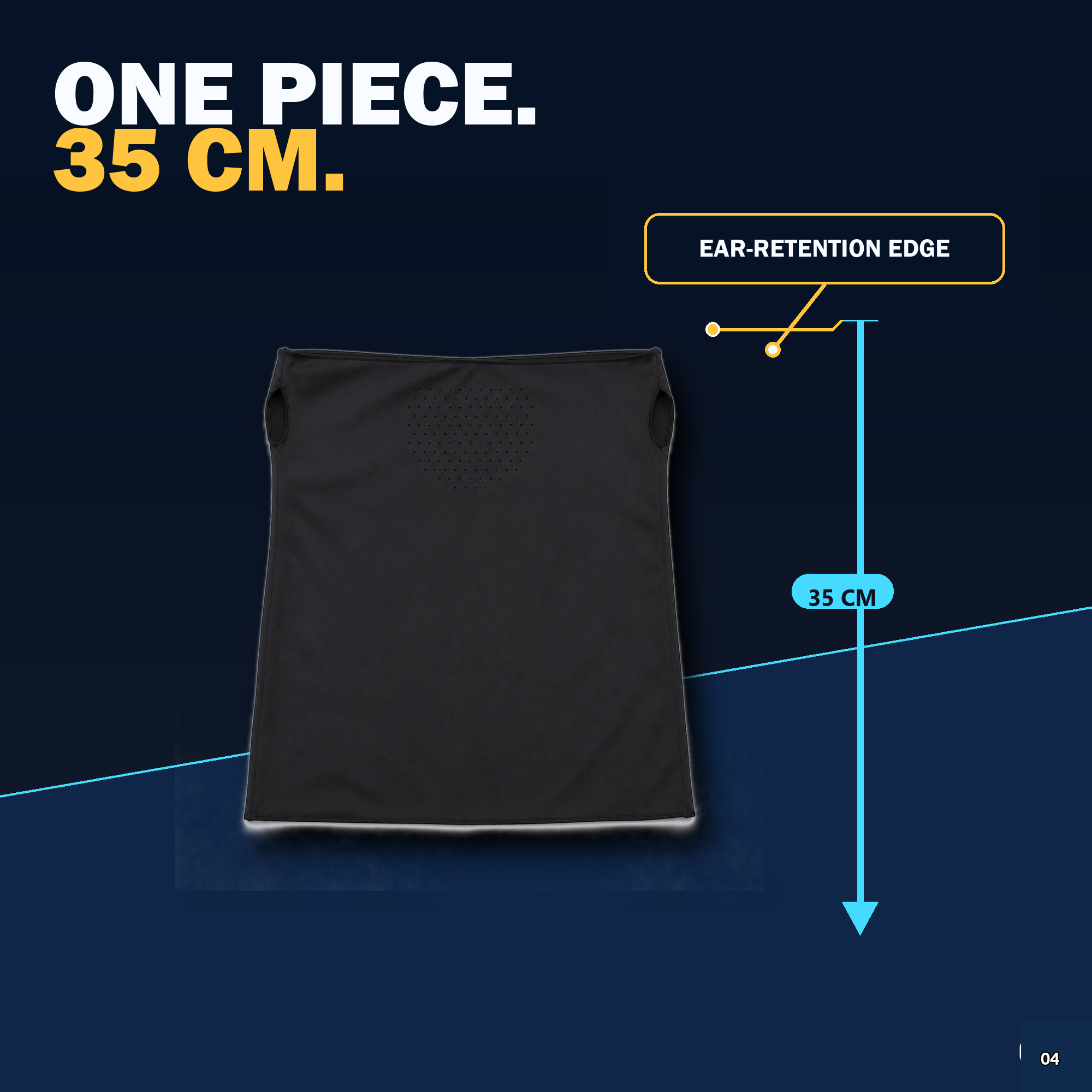 Size and fit diagram showing the shaped upper edge and approximately 35 centimeter neck drape