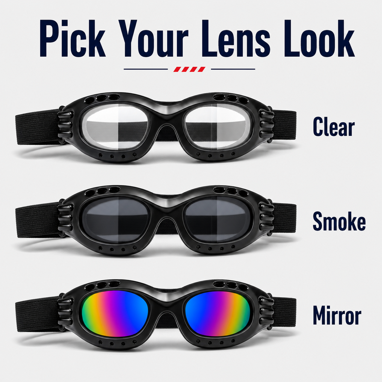 Compact riding goggle measurements and lens options