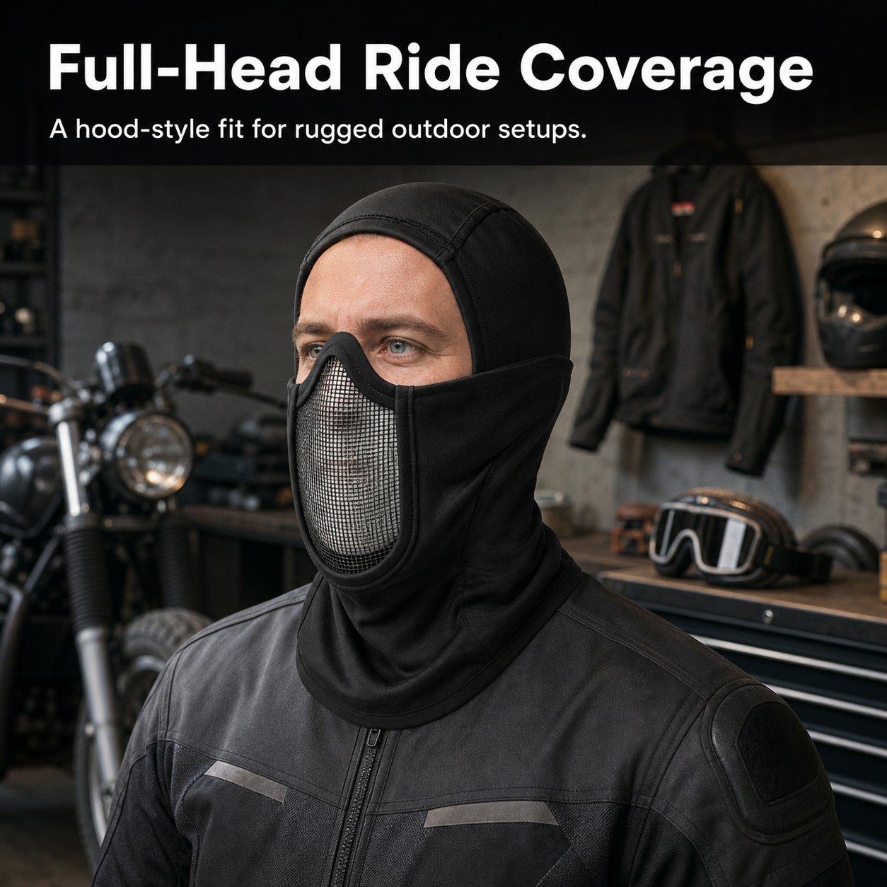 Tactical-style mesh hood worn with outdoor riding gear