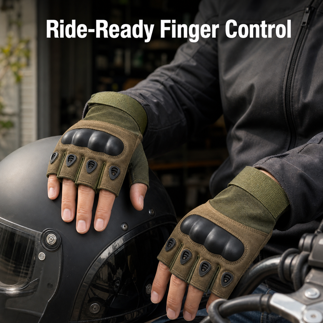Fingerless riding gloves shown with motorcycle gear