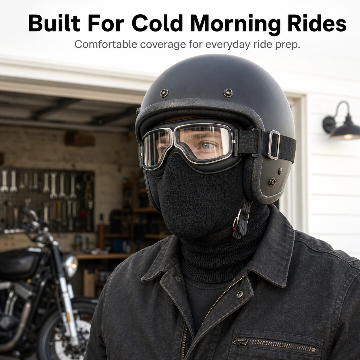 Rider wearing a knitted motorcycle face cover
