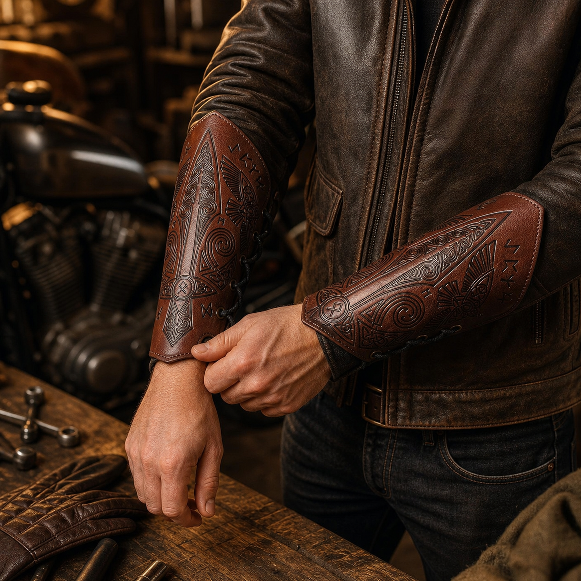 Viking Celtic Embossed Leather Bracers