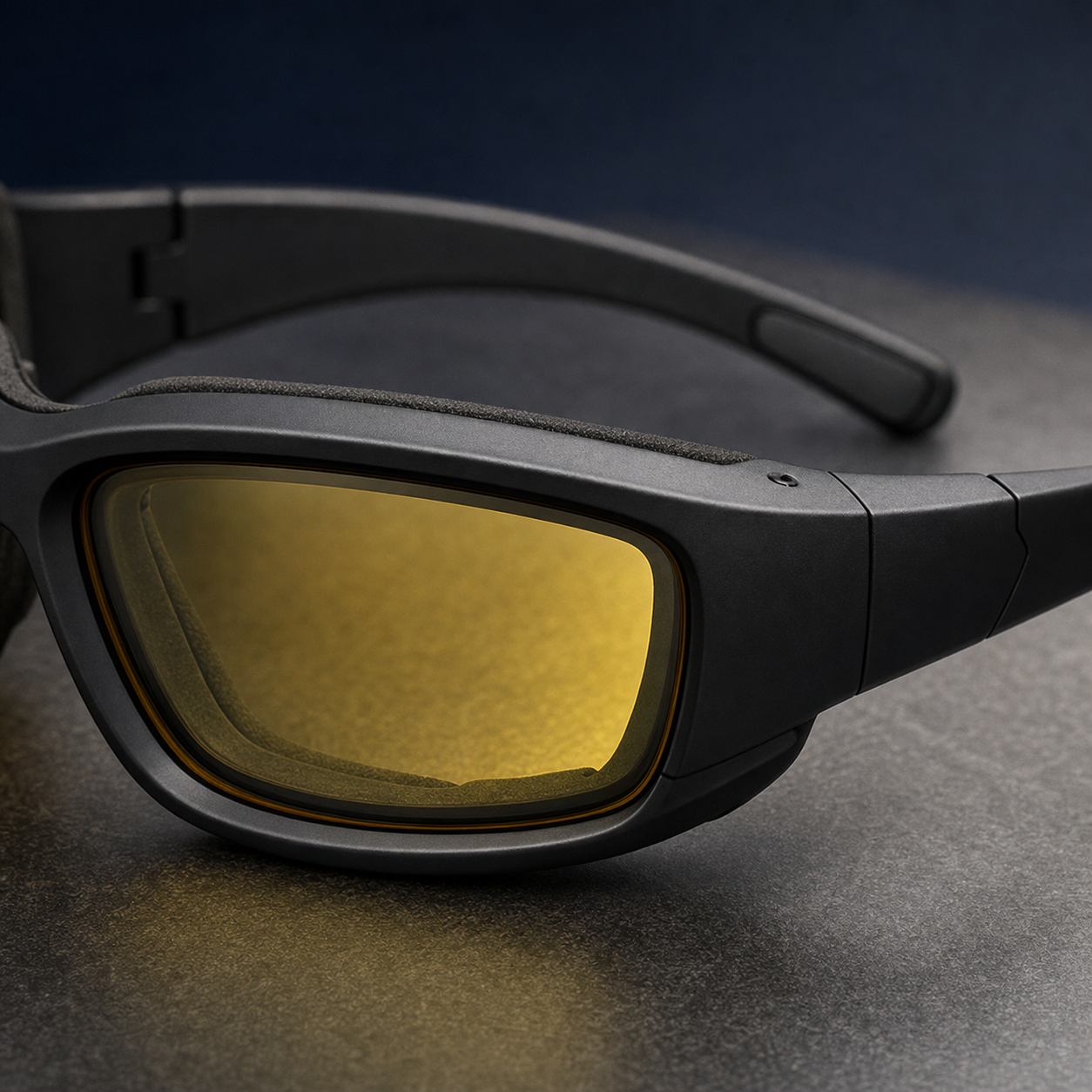 Close-up details of compact wraparound riding glasses