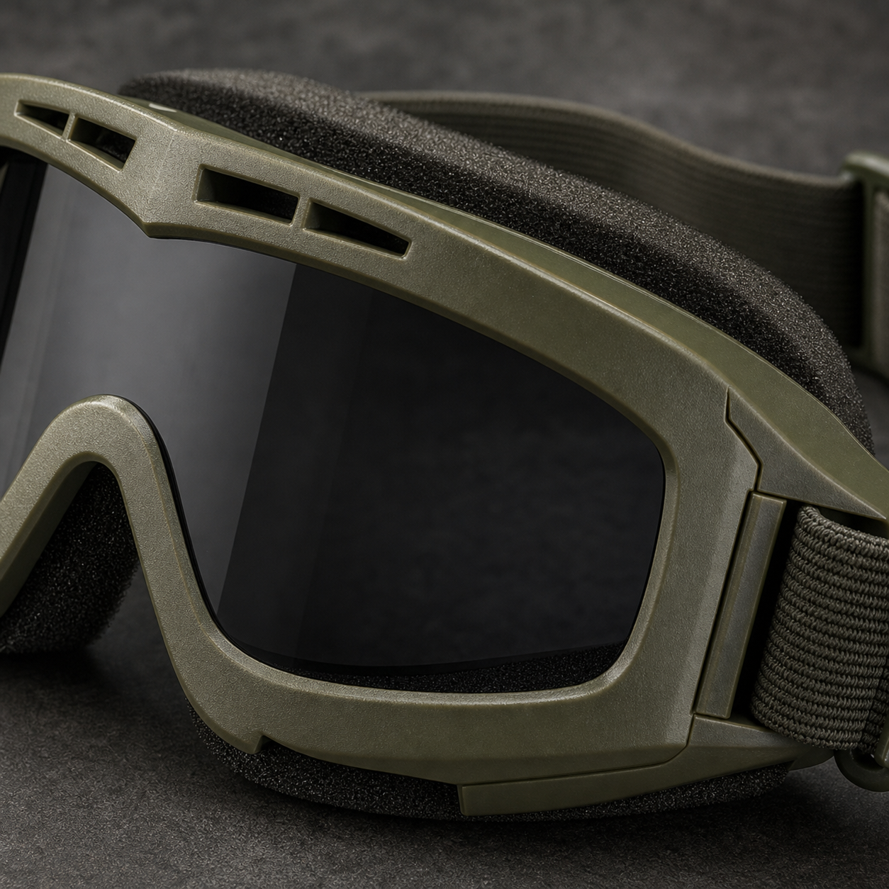 Close-up details of tactical-style outdoor goggles