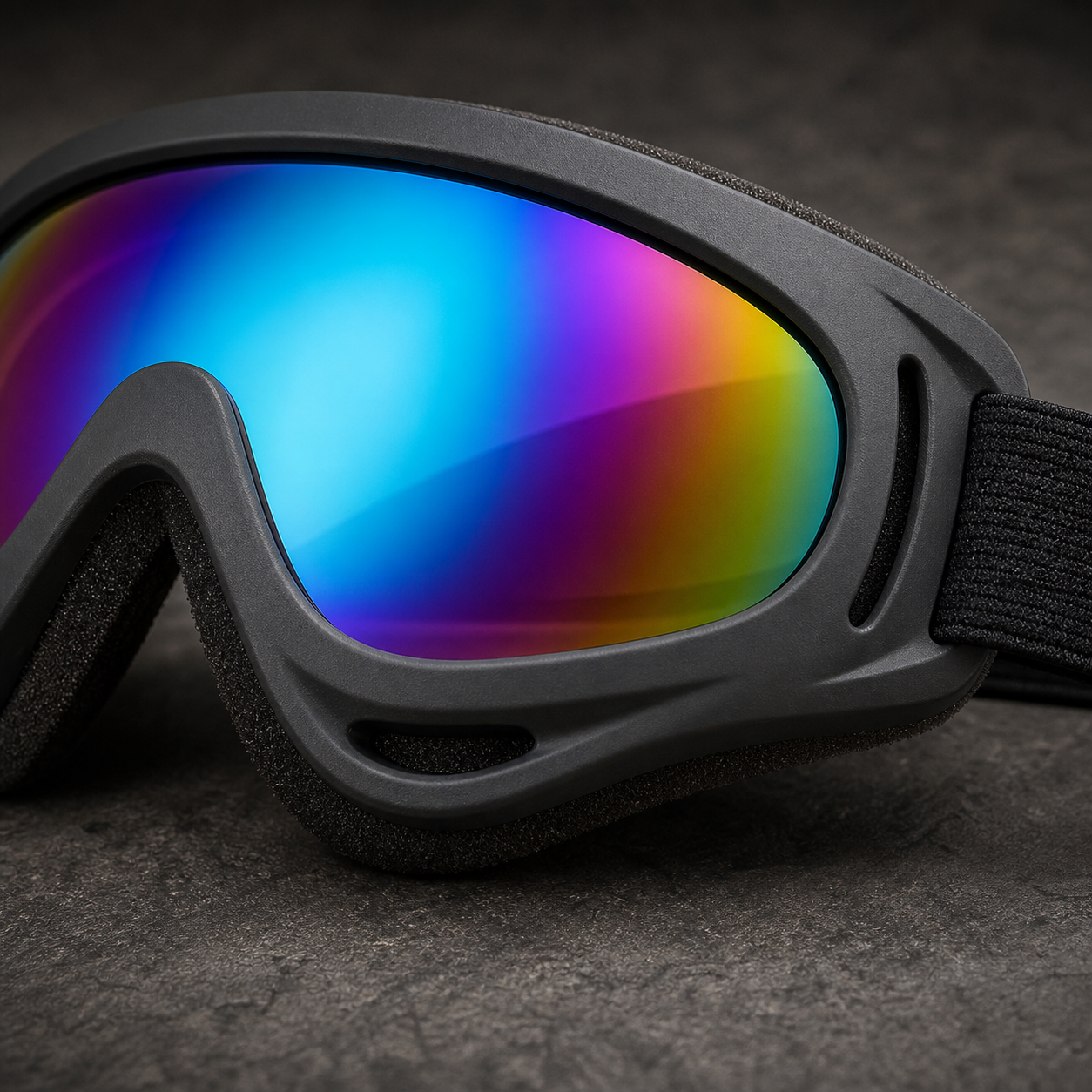 Close-up detail of the curved outdoor goggle lens
