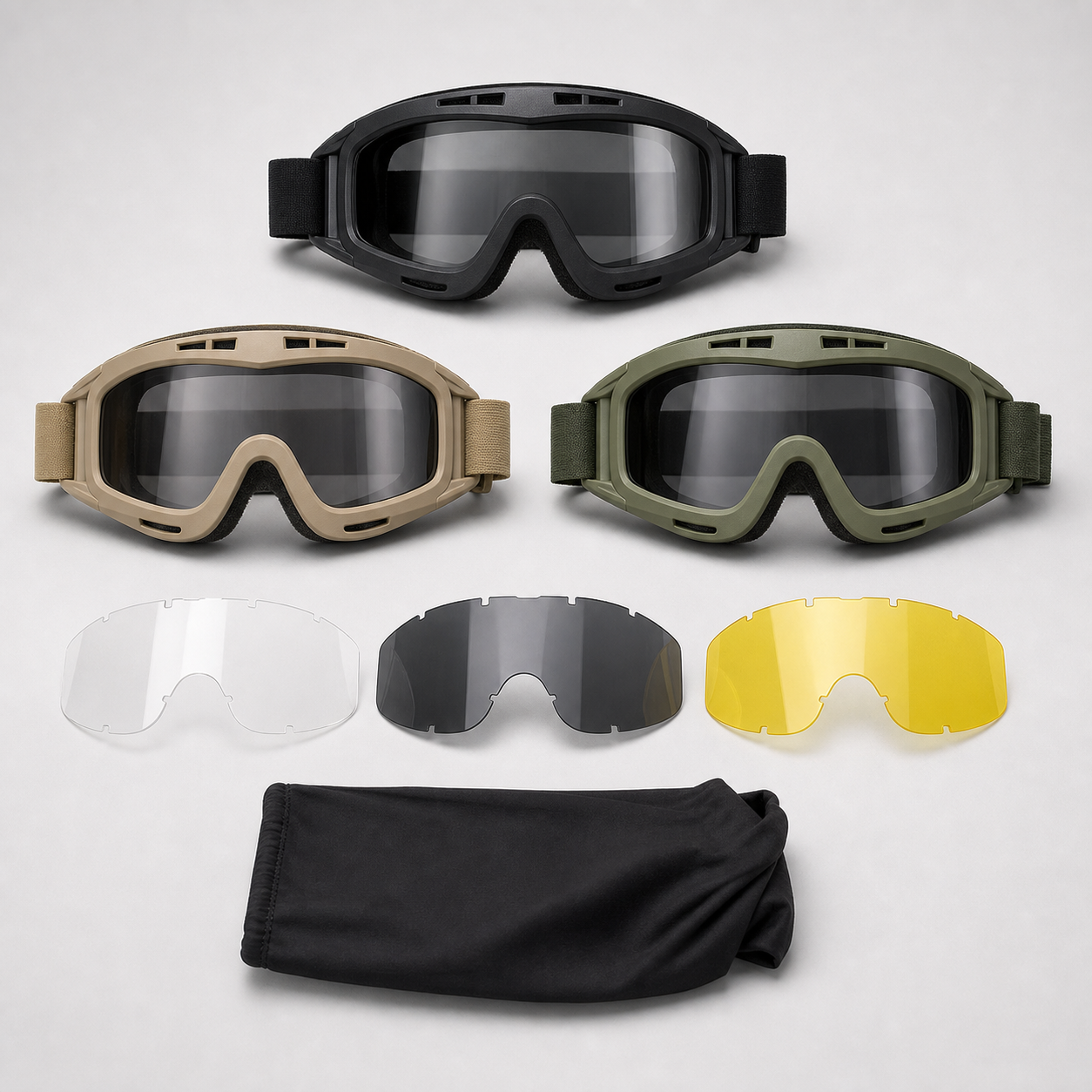 Tactical-style outdoor goggles with multiple lens options