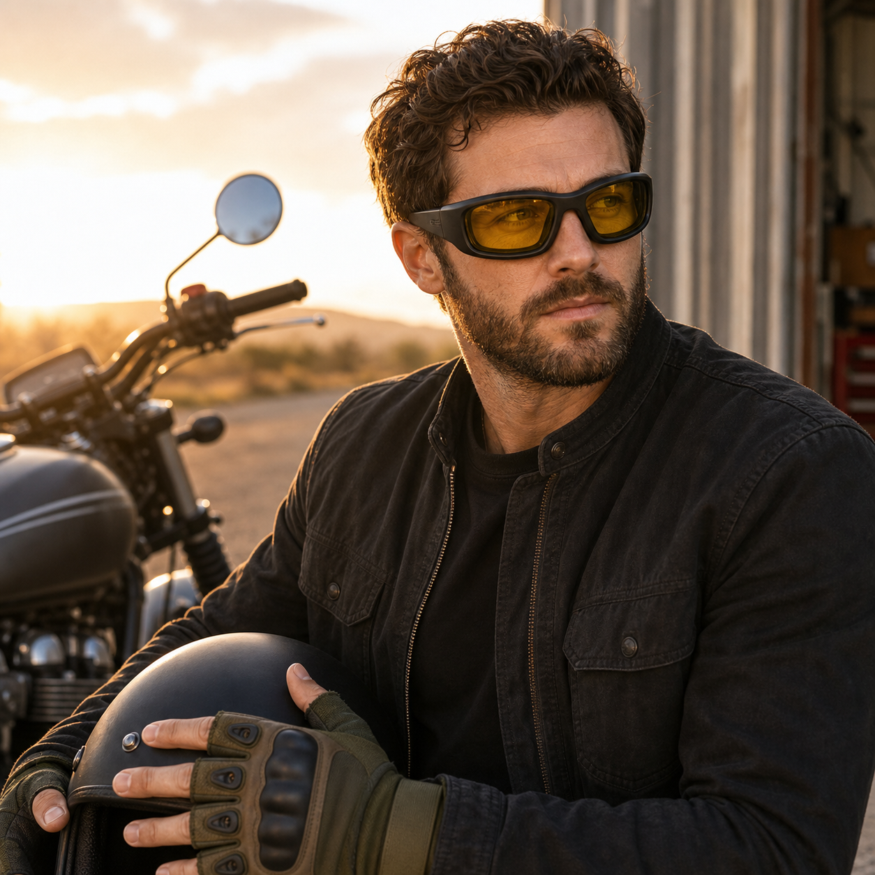 Wraparound riding glasses arranged with motorcycle gear