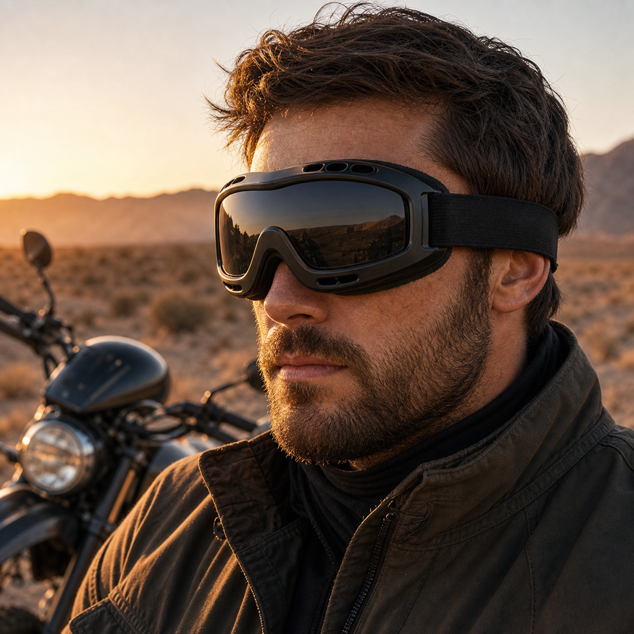 Tactical-style goggles arranged with outdoor gear