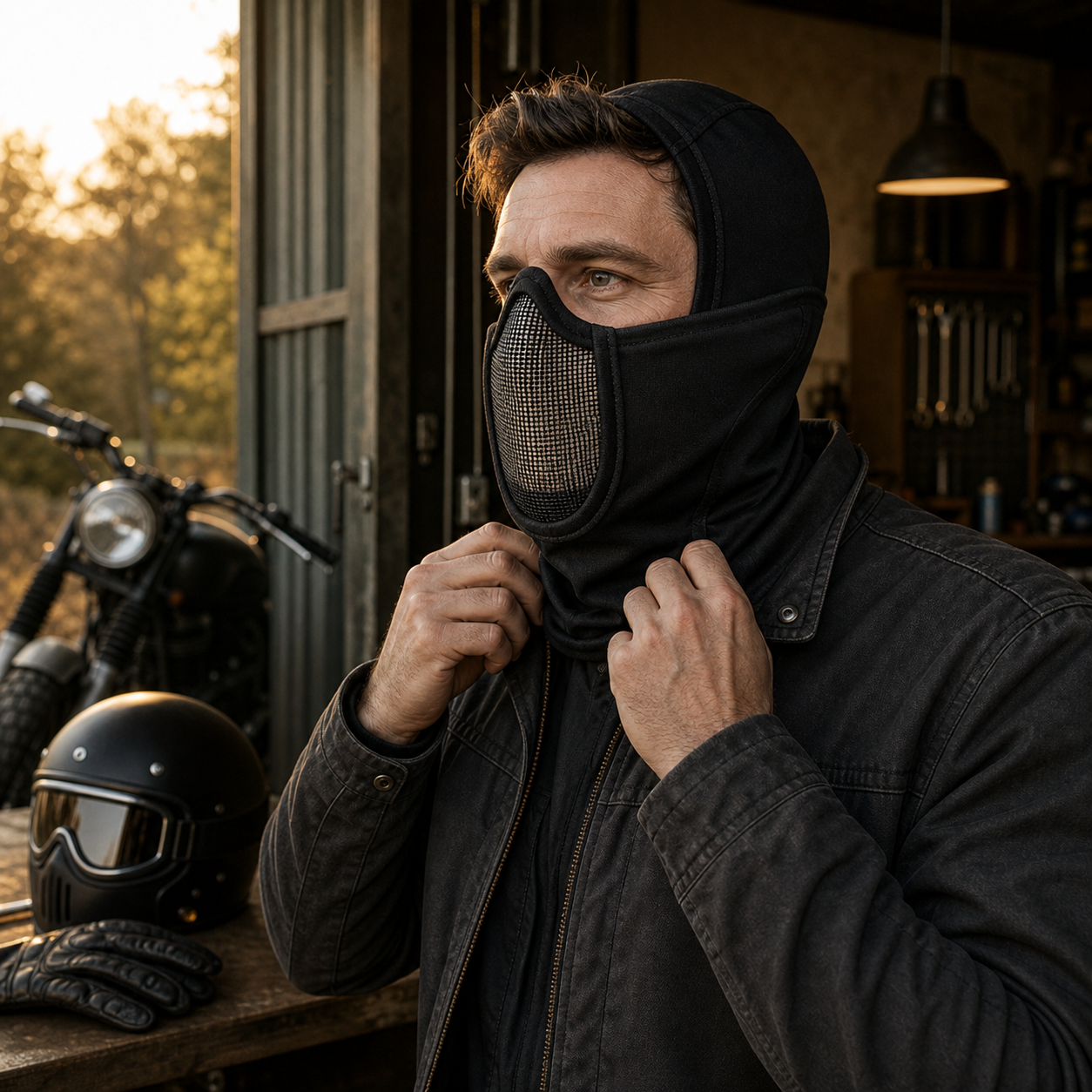 Tactical-style mesh hood arranged with outdoor riding gear