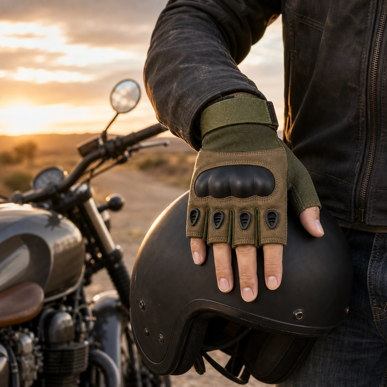 Fingerless riding gloves arranged with motorcycle gear