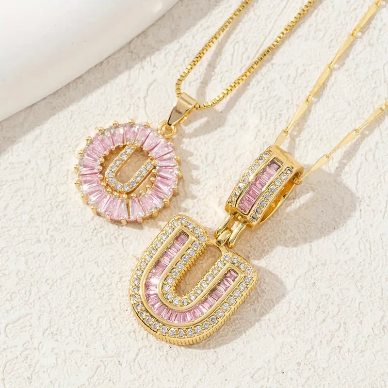 【Limit Edition Color-Pink】2 Pack - Initial Letter Pendant Necklaces