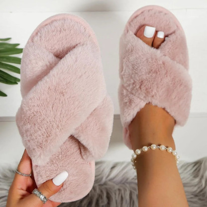 2024 Winter Slippers Women Fashion Cross Fluffy Fur Slipper Home Slides Platform Flat Indoor Floor Flip Flops Women Ladies Shoes