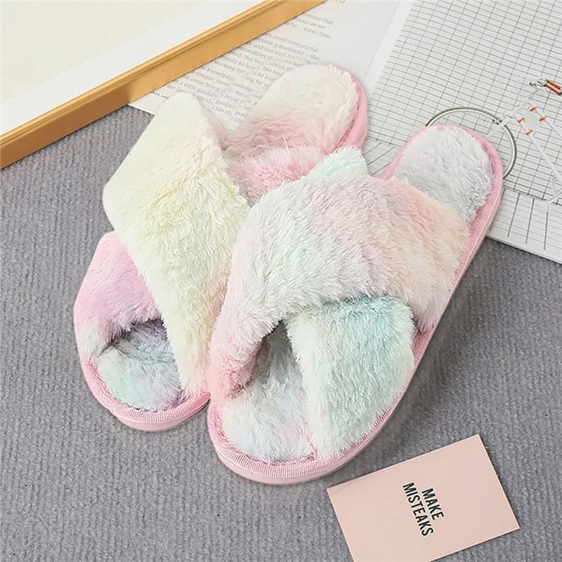 2024 Winter Slippers Women Fashion Cross Fluffy Fur Slipper Home Slides Platform Flat Indoor Floor Flip Flops Women Ladies Shoes