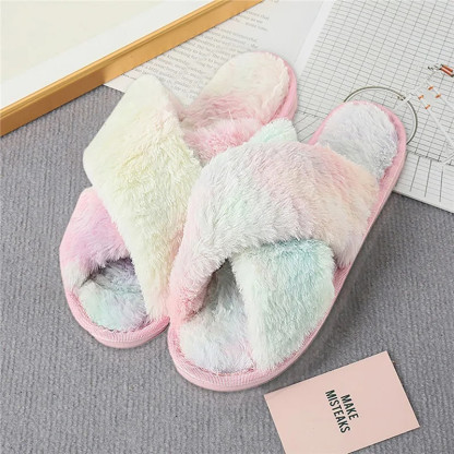 2024 Winter Slippers Women Fashion Cross Fluffy Fur Slipper Home Slides Platform Flat Indoor Floor Flip Flops Women Ladies Shoes