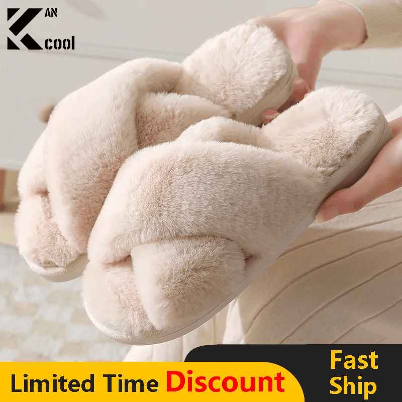 2024 Winter Slippers Women Fashion Cross Fluffy Fur Slipper Home Slides Platform Flat Indoor Floor Flip Flops Women Ladies Shoes