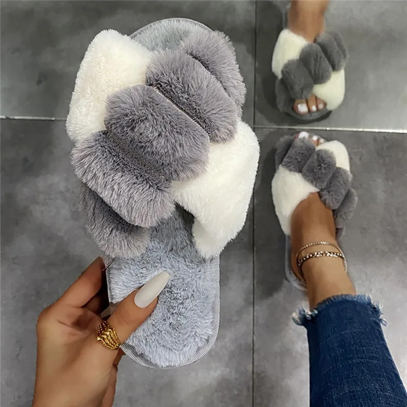 2024 Winter Slippers Women Fashion Cross Fluffy Fur Slipper Home Slides Platform Flat Indoor Floor Flip Flops Women Ladies Shoes