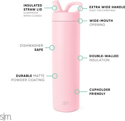 Simkhjgple Modern Water Bottle with Straw lid | Insulated Stainless Steel Thermos | Reusable Travel Water Bottles for Gym & Sports | Leak Proof & BPA Free | Mesa Collection | 34oz, Sea Glass Sage