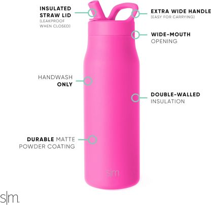 Simkhjgple Modern Water Bottle with Straw lid | Insulated Stainless Steel Thermos | Reusable Travel Water Bottles for Gym & Sports | Leak Proof & BPA Free | Mesa Collection | 34oz, Sea Glass Sage