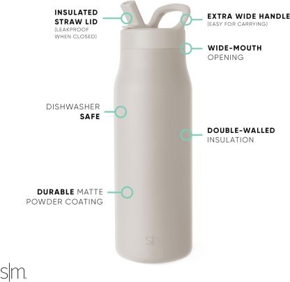 Simkhjgple Modern Water Bottle with Straw lid | Insulated Stainless Steel Thermos | Reusable Travel Water Bottles for Gym & Sports | Leak Proof & BPA Free | Mesa Collection | 34oz, Sea Glass Sage