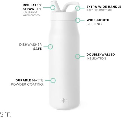 Simkhjgple Modern Water Bottle with Straw lid | Insulated Stainless Steel Thermos | Reusable Travel Water Bottles for Gym & Sports | Leak Proof & BPA Free | Mesa Collection | 34oz, Sea Glass Sage