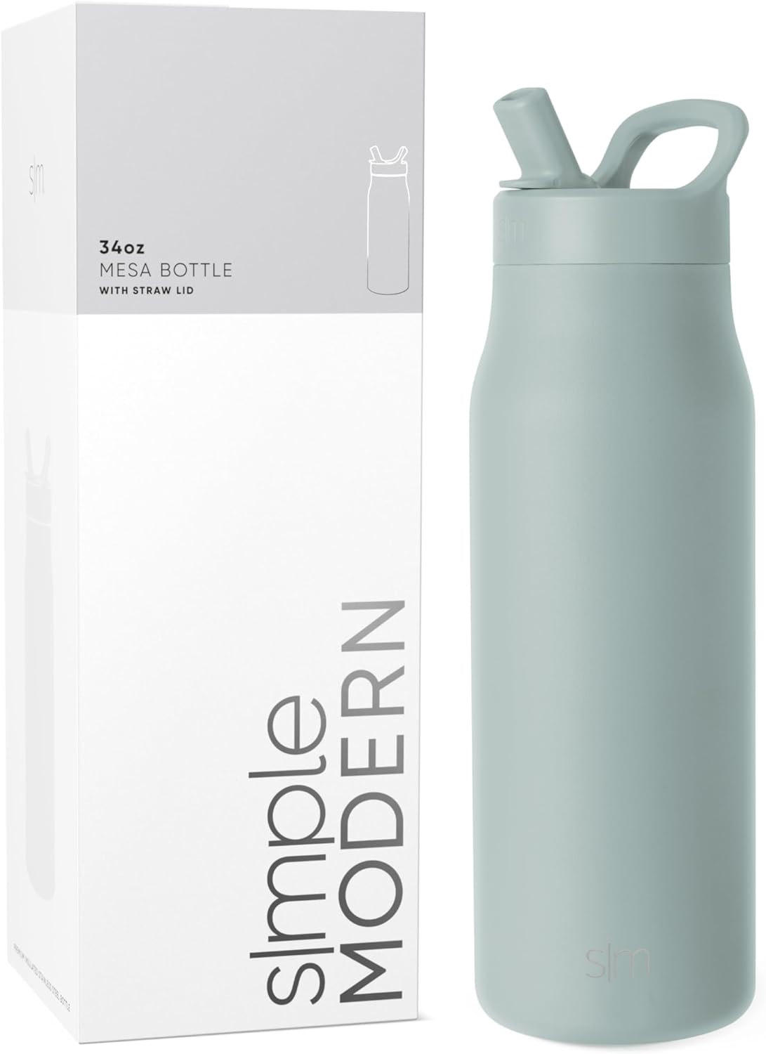 Simkhjgple Modern Water Bottle with Straw lid | Insulated Stainless Steel Thermos | Reusable Travel Water Bottles for Gym & Sports | Leak Proof & BPA Free | Mesa Collection | 34oz, Sea Glass Sage