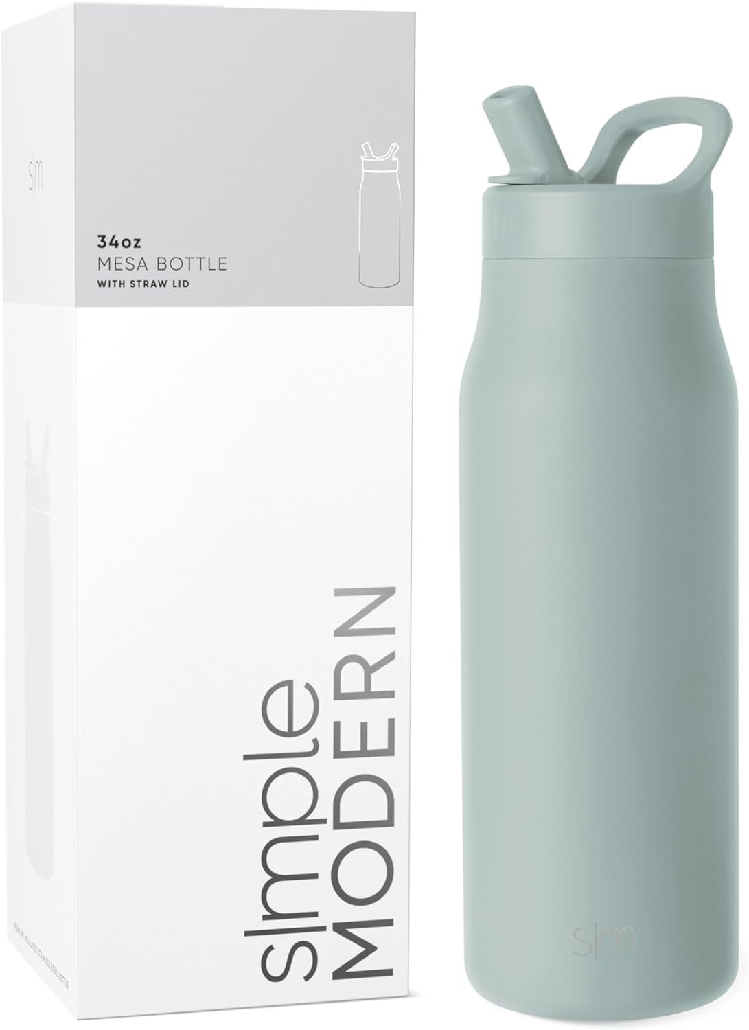 Simkhjgple Modern Water Bottle with Straw lid | Insulated Stainless Steel Thermos | Reusable Travel Water Bottles for Gym & Sports | Leak Proof & BPA Free | Mesa Collection | 34oz, Sea Glass Sage