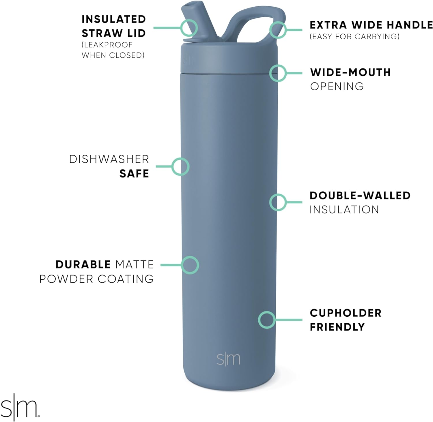 Simkhjgple Modern Water Bottle with Straw lid | Insulated Stainless Steel Thermos | Reusable Travel Water Bottles for Gym & Sports | Leak Proof & BPA Free | Mesa Collection | 34oz, Sea Glass Sage