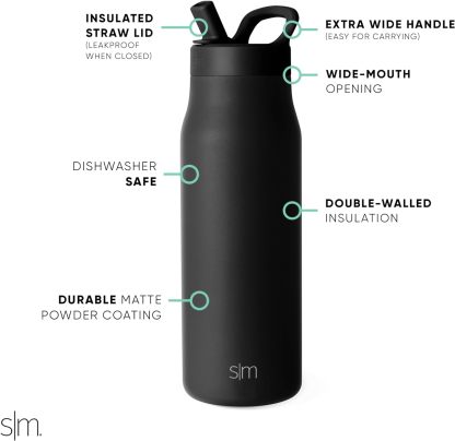 Simkhjgple Modern Water Bottle with Straw lid | Insulated Stainless Steel Thermos | Reusable Travel Water Bottles for Gym & Sports | Leak Proof & BPA Free | Mesa Collection | 34oz, Sea Glass Sage