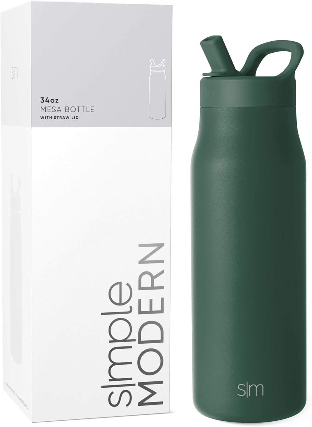 Simkhjgple Modern Water Bottle with Straw lid | Insulated Stainless Steel Thermos | Reusable Travel Water Bottles for Gym & Sports | Leak Proof & BPA Free | Mesa Collection | 34oz, Sea Glass Sage
