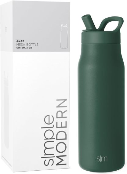 Simkhjgple Modern Water Bottle with Straw lid | Insulated Stainless Steel Thermos | Reusable Travel Water Bottles for Gym & Sports | Leak Proof & BPA Free | Mesa Collection | 34oz, Sea Glass Sage