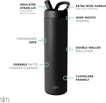 Simkhjgple Modern Water Bottle with Straw lid | Insulated Stainless Steel Thermos | Reusable Travel Water Bottles for Gym & Sports | Leak Proof & BPA Free | Mesa Collection | 34oz, Sea Glass Sage