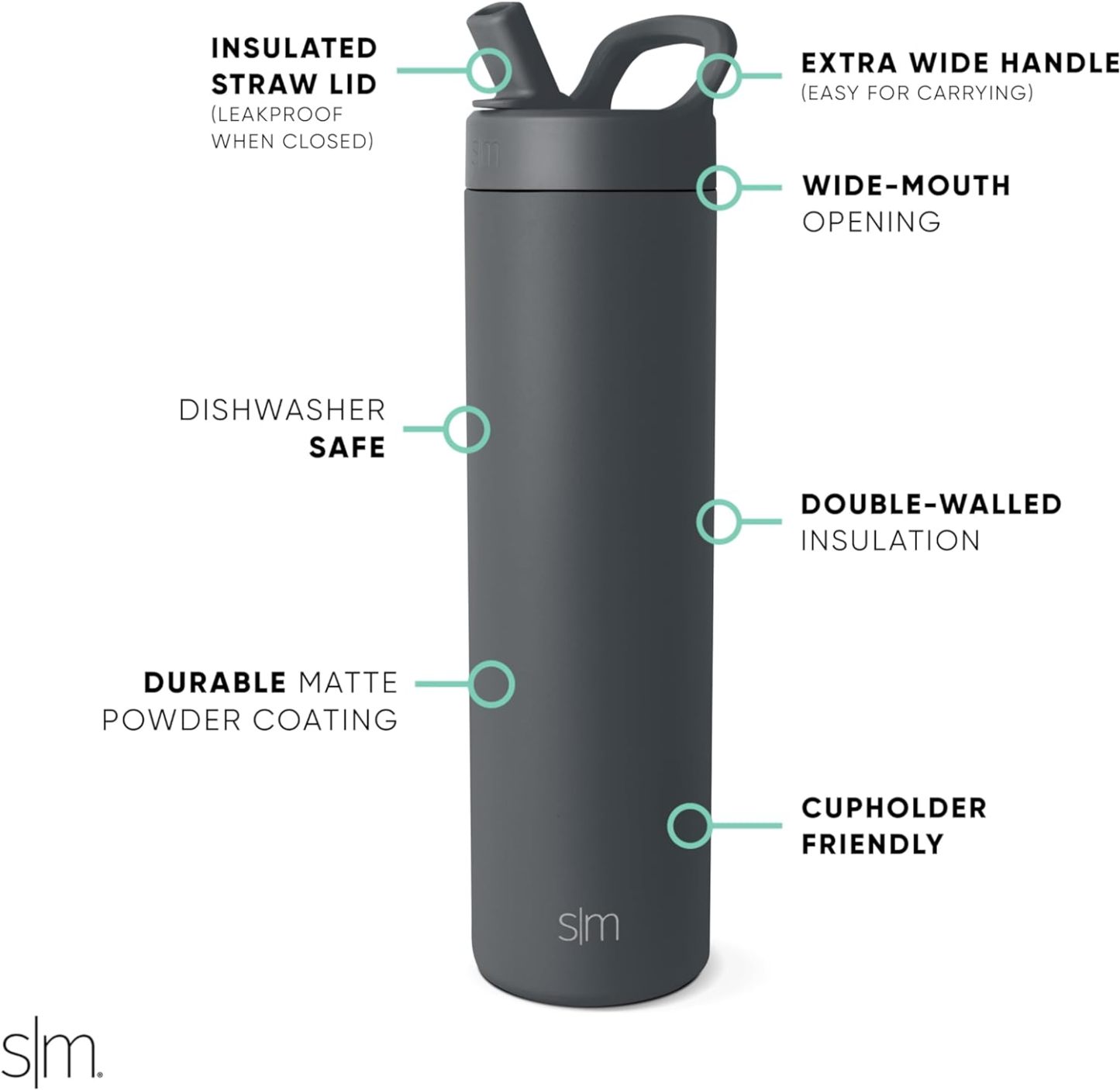 Simkhjgple Modern Water Bottle with Straw lid | Insulated Stainless Steel Thermos | Reusable Travel Water Bottles for Gym & Sports | Leak Proof & BPA Free | Mesa Collection | 34oz, Sea Glass Sage