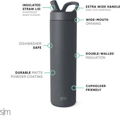 Simkhjgple Modern Water Bottle with Straw lid | Insulated Stainless Steel Thermos | Reusable Travel Water Bottles for Gym & Sports | Leak Proof & BPA Free | Mesa Collection | 34oz, Sea Glass Sage