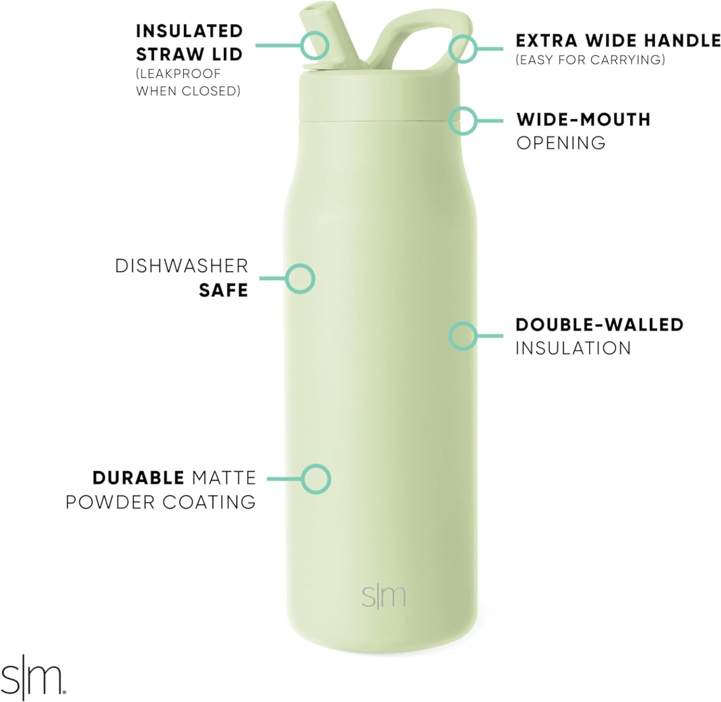 Simkhjgple Modern Water Bottle with Straw lid | Insulated Stainless Steel Thermos | Reusable Travel Water Bottles for Gym & Sports | Leak Proof & BPA Free | Mesa Collection | 34oz, Sea Glass Sage