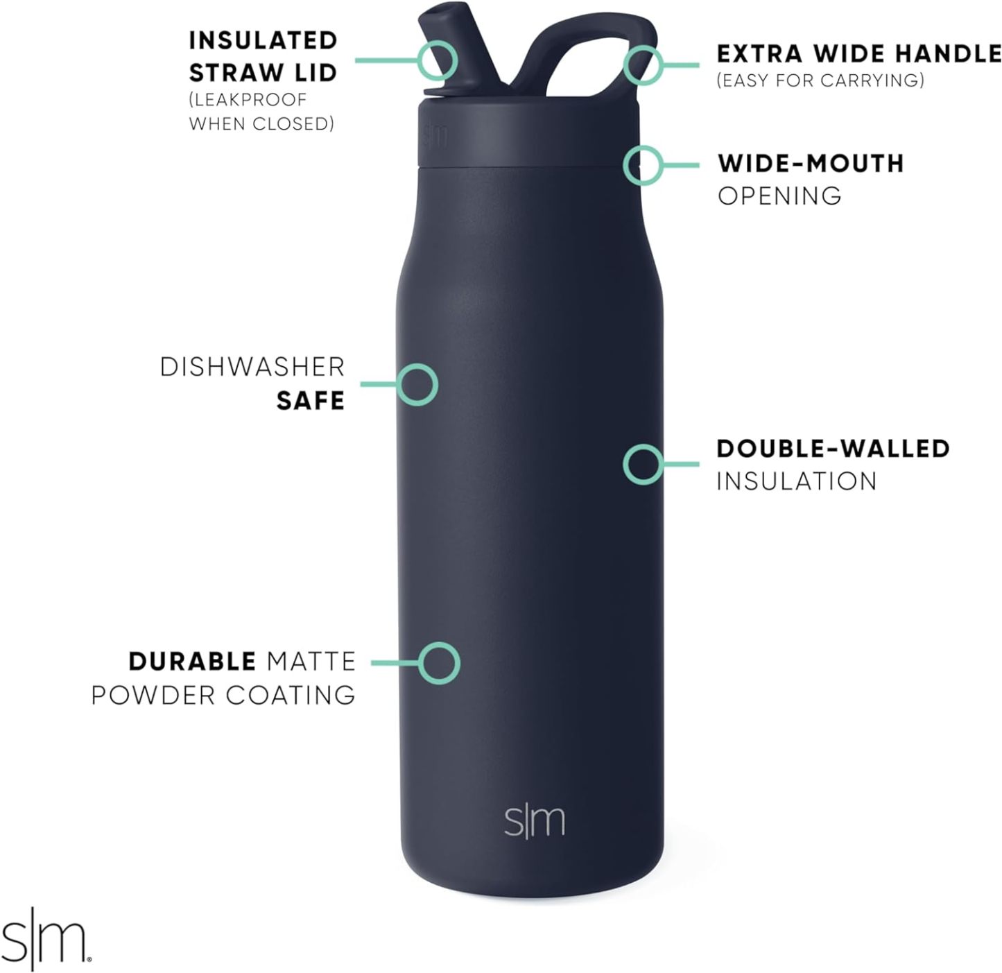 Simkhjgple Modern Water Bottle with Straw lid | Insulated Stainless Steel Thermos | Reusable Travel Water Bottles for Gym & Sports | Leak Proof & BPA Free | Mesa Collection | 34oz, Sea Glass Sage