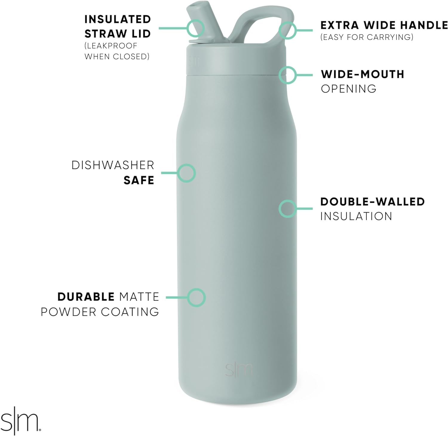 Simkhjgple Modern Water Bottle with Straw lid | Insulated Stainless Steel Thermos | Reusable Travel Water Bottles for Gym & Sports | Leak Proof & BPA Free | Mesa Collection | 34oz, Sea Glass Sage