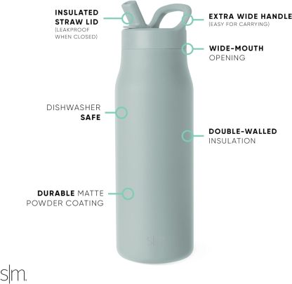 Simkhjgple Modern Water Bottle with Straw lid | Insulated Stainless Steel Thermos | Reusable Travel Water Bottles for Gym & Sports | Leak Proof & BPA Free | Mesa Collection | 34oz, Sea Glass Sage