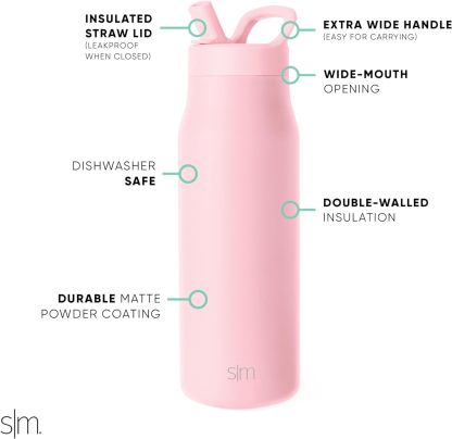 Simkhjgple Modern Water Bottle with Straw lid | Insulated Stainless Steel Thermos | Reusable Travel Water Bottles for Gym & Sports | Leak Proof & BPA Free | Mesa Collection | 34oz, Sea Glass Sage