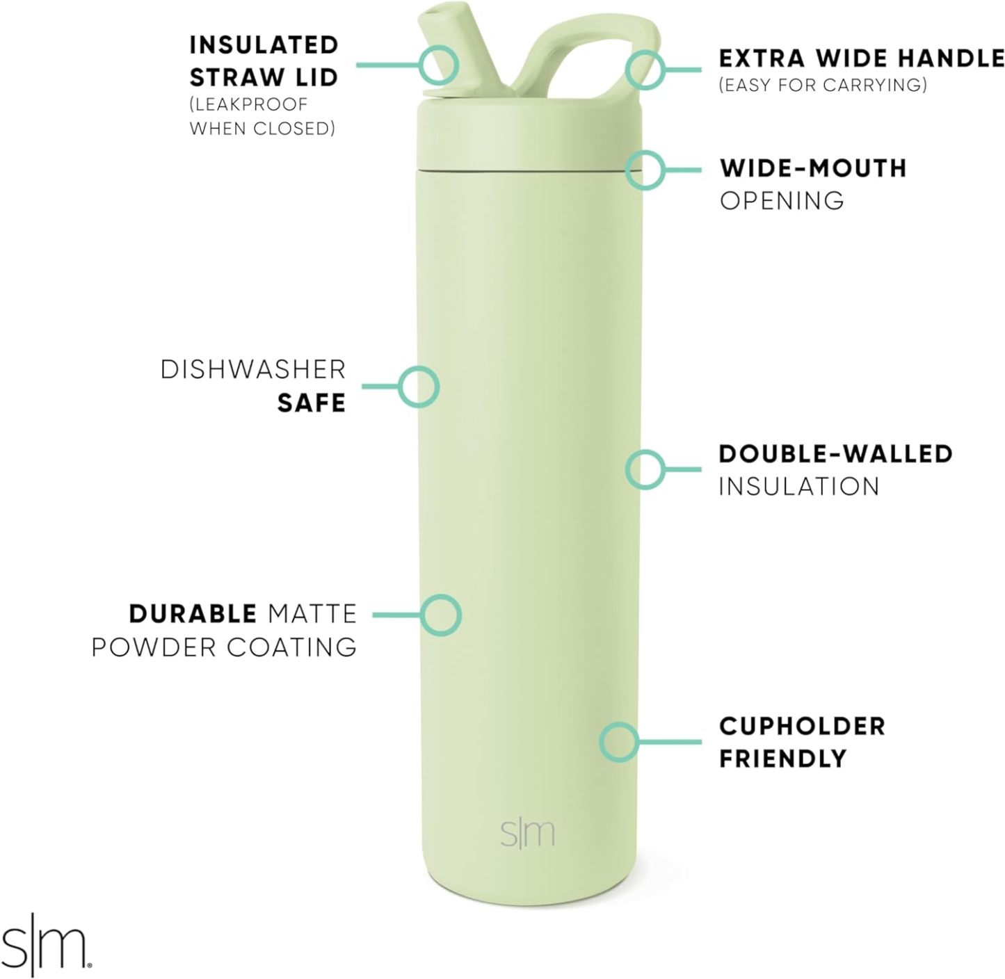 Simkhjgple Modern Water Bottle with Straw lid | Insulated Stainless Steel Thermos | Reusable Travel Water Bottles for Gym & Sports | Leak Proof & BPA Free | Mesa Collection | 34oz, Sea Glass Sage