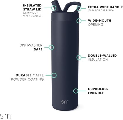 Simkhjgple Modern Water Bottle with Straw lid | Insulated Stainless Steel Thermos | Reusable Travel Water Bottles for Gym & Sports | Leak Proof & BPA Free | Mesa Collection | 34oz, Sea Glass Sage