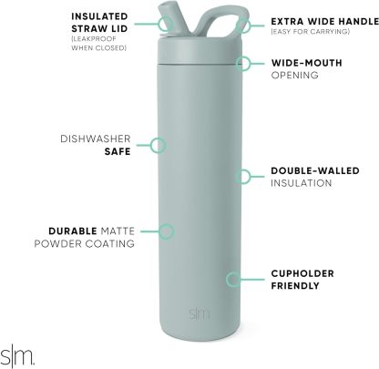 Simkhjgple Modern Water Bottle with Straw lid | Insulated Stainless Steel Thermos | Reusable Travel Water Bottles for Gym & Sports | Leak Proof & BPA Free | Mesa Collection | 34oz, Sea Glass Sage