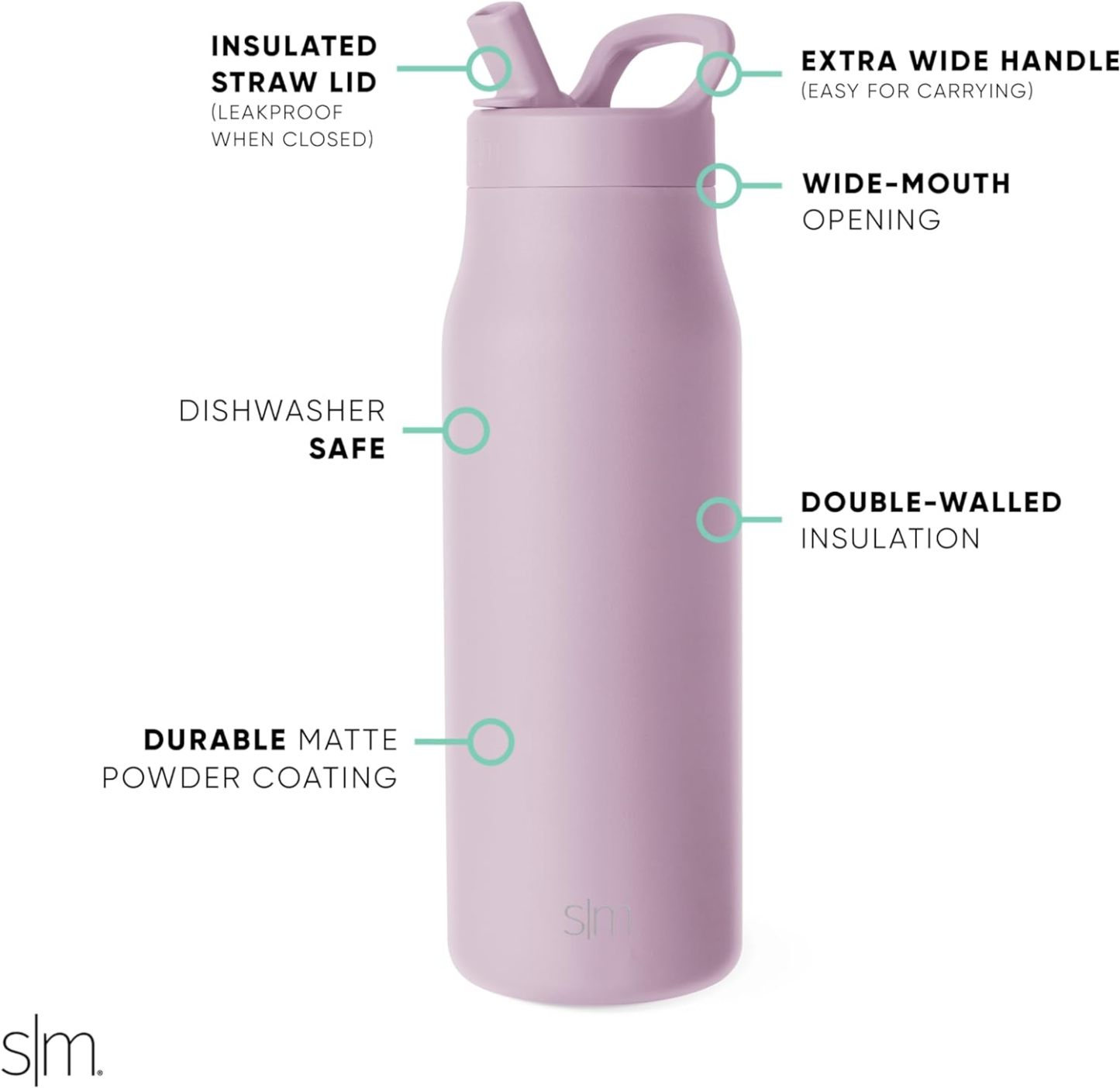 Simkhjgple Modern Water Bottle with Straw lid | Insulated Stainless Steel Thermos | Reusable Travel Water Bottles for Gym & Sports | Leak Proof & BPA Free | Mesa Collection | 34oz, Sea Glass Sage