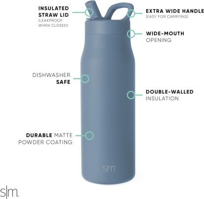 Simkhjgple Modern Water Bottle with Straw lid | Insulated Stainless Steel Thermos | Reusable Travel Water Bottles for Gym & Sports | Leak Proof & BPA Free | Mesa Collection | 34oz, Sea Glass Sage